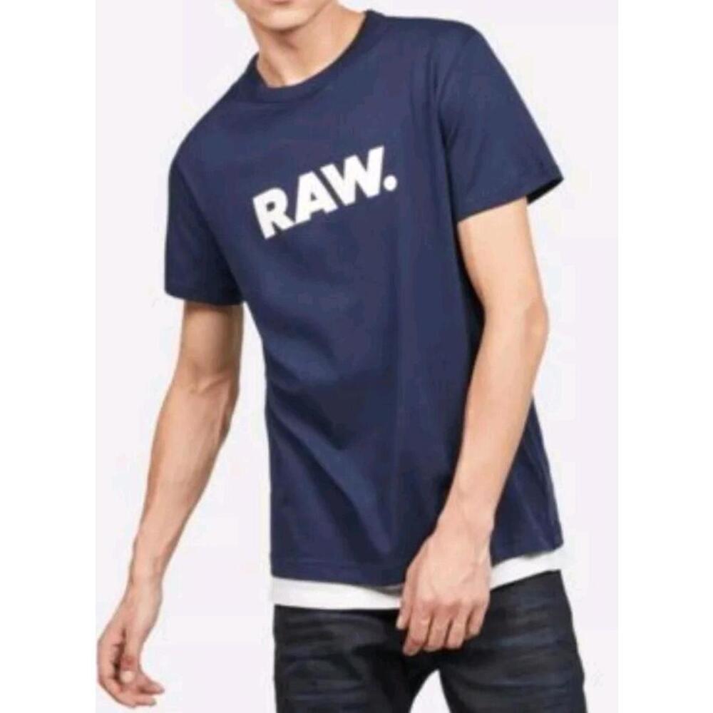 G-STAR RAW Men's Holorn RAW Graphic Logo Sz L Crewneck T-Shirt Sartho Blue #WM1